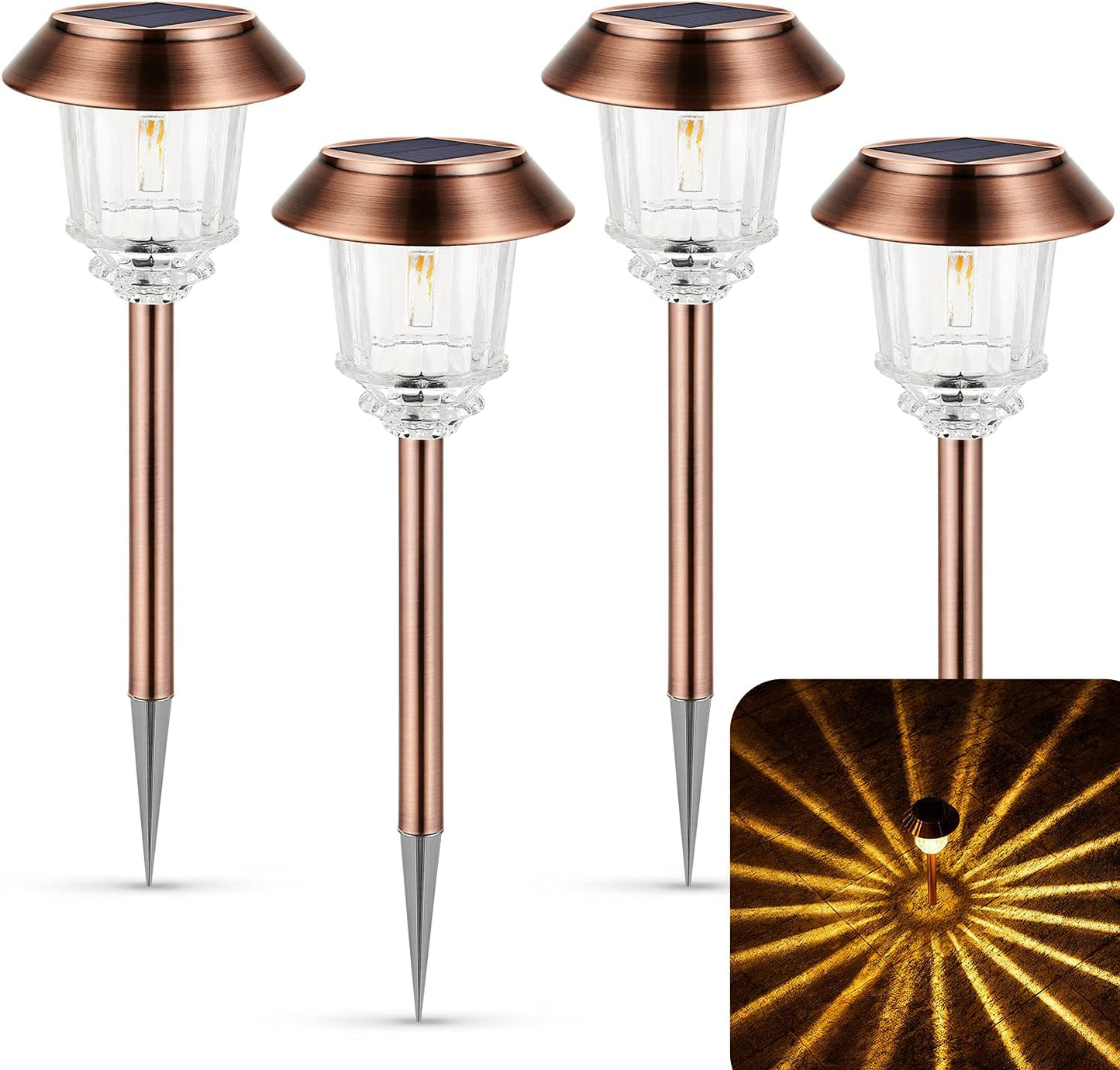 XMCOSY+ Solar Lights Outdoor Waterproof, 4 Pack Solar Lights for Outside, 10-40 LM Dimmable LED Glass Outdoor Solar Lights for Yard Pathway Garden Lawn Driveway Walkway (Warm White)