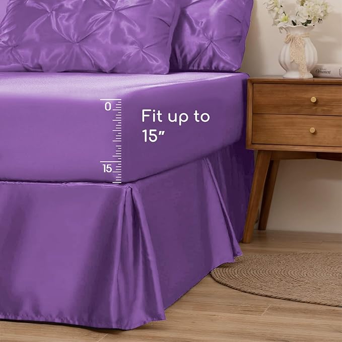 MR&HM Satin Comforter California King 7 Pieces Lavender - Luxurious Pinch Pleat Bedding Set with Comforter, Flat Sheet, Fitted Sheet, Pillowcases & Shams, Super Silky Soft Bed Set for All Season