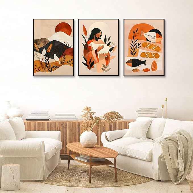 3Pcs Jesus Canvas Wall Art Boho Retro Art Home Posters Prints Jesus Feeds The 5000 Christian Abstract Pictures Wall Decor for Living Room Bedroom Church Decoration Unframed