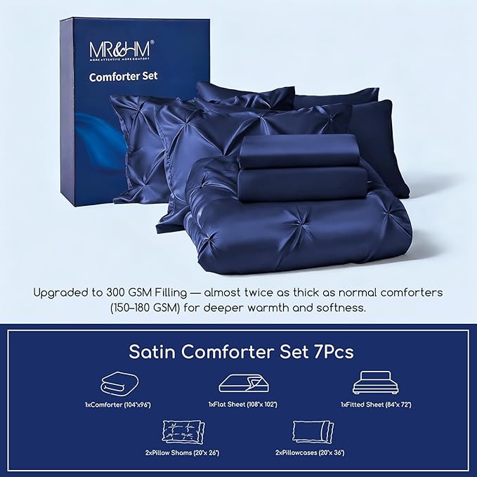 MR&HM Satin Comforter California King 7 Pieces Navy Blue - Luxurious Pinch Pleat Bedding Set with Comforter, Flat Sheet, Fitted Sheet, Pillowcases & Shams, Super Silky Soft Bed Set for All Season