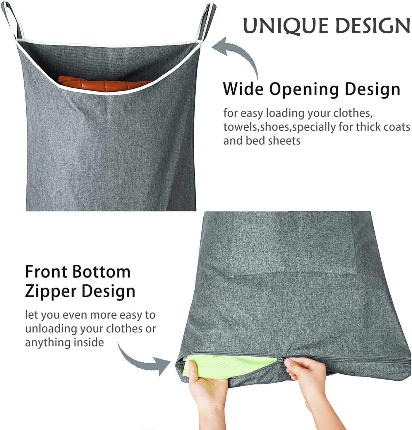 XL Large Hanging Laundry Hamper, Over the Door Laundry Bag with Zipper and Wide Open Top,Hanging Hamper for Storage Laundry, Clothes, Toys,36x 22 Inch, Heather Grey 2Pack.