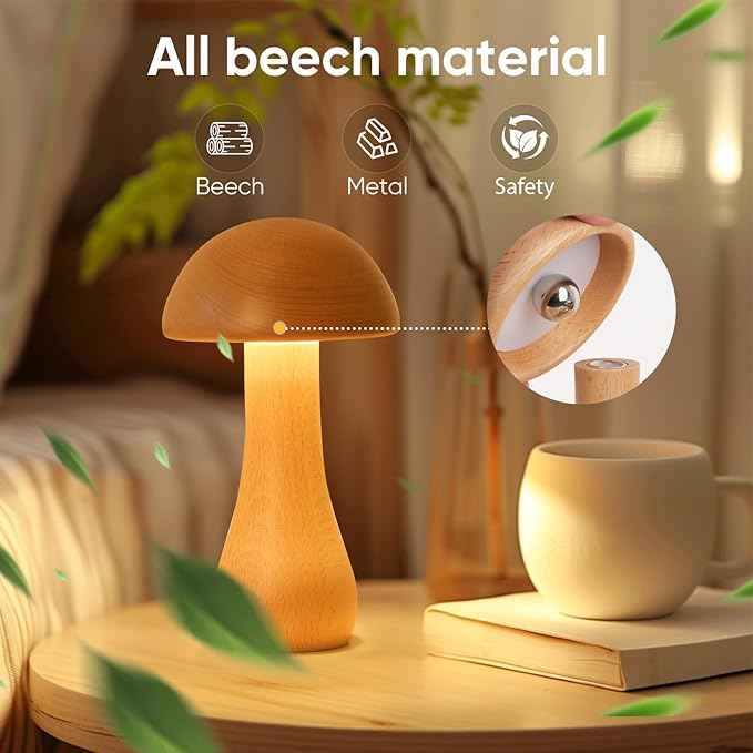 Mushroom Lamp Set of 2, Portable Touch Switch Cordless Bedroom Lamps Set of 2, Rechargeable Battery Operated Night Light, Stepless Dimming, 360 Degree Rotation Table Lamps for Ideal Gifts