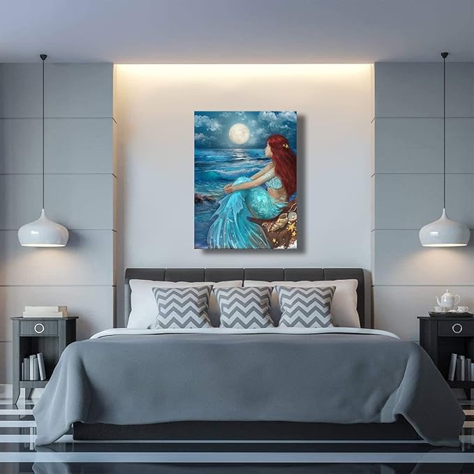 SDYA Aesthetic Wall Art for Living Room Bedroom Wall Decor Blue Canvas Prints Moon Night Artwork 24"x 36" Girls Room Decor