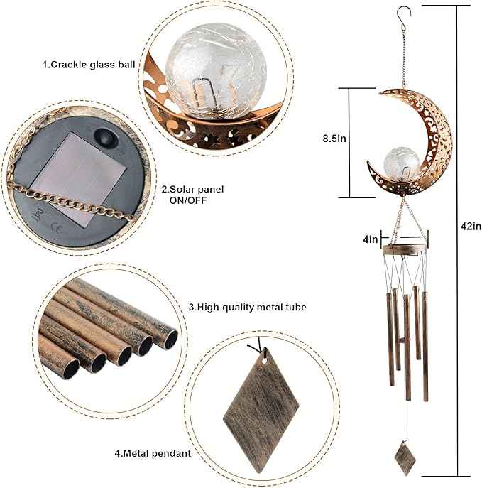 Solar Moon Wind Chimes for Outside Unique Birthday Gifts for Women Mom Grandma Crackle Glass Ball LED Wind Chimes Solar Lights Outdoor Decor Decorative Light for Garden Patio Yard Porch