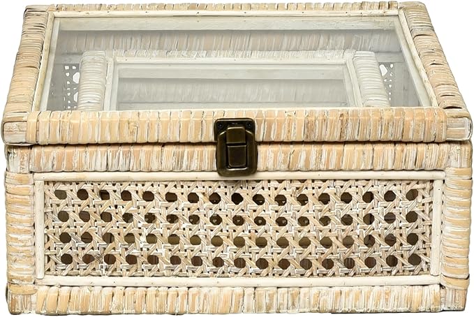 Rattan and Cane Square Stacking Boxes with Glass Top Lid - Set of 2 for Boho, and Rustic Farmhouse Décor, White Wash