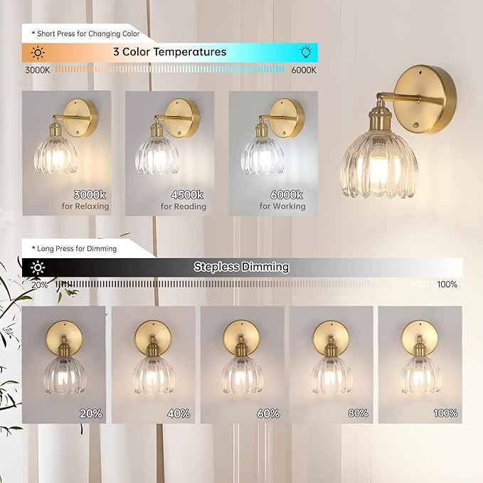 Battery Operated Vintage Wall Sconces with Transparent Tulip Glass Lampshade Battery Powered Wall Lighting for Bedside Bedroom Doorway, Set of 2