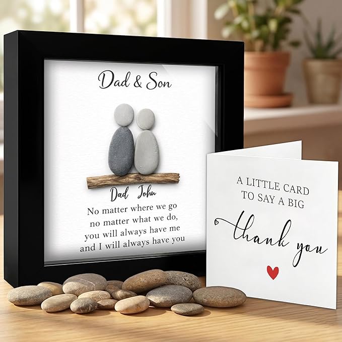 Personalized Dad & Son Pebble Art Frame, Custom Natural Stone Keepsake for Father, Handmade Daddy Birthday Gift from Son, Meaningful Father’s Day Wall Hanging Home Décor