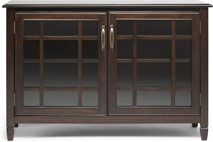 SIMPLIHOME Connaught Storage Cabinet - 46 inch Wide Solid Wood Low Storage Cabinet in Dark Chestnut Brown, Traditional Console for Living Room, Entryway, or Dining Room with Glass Doors and Shelves