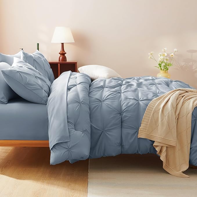 CozyLux King Size Comforter Set Grayish Blue, 7 Pieces Pintuck Bed in A Bag Blue Comforter King Size, Pinch Pleat Bedding Set with All Season Comforter, Sheets, Pillowcases & Shams