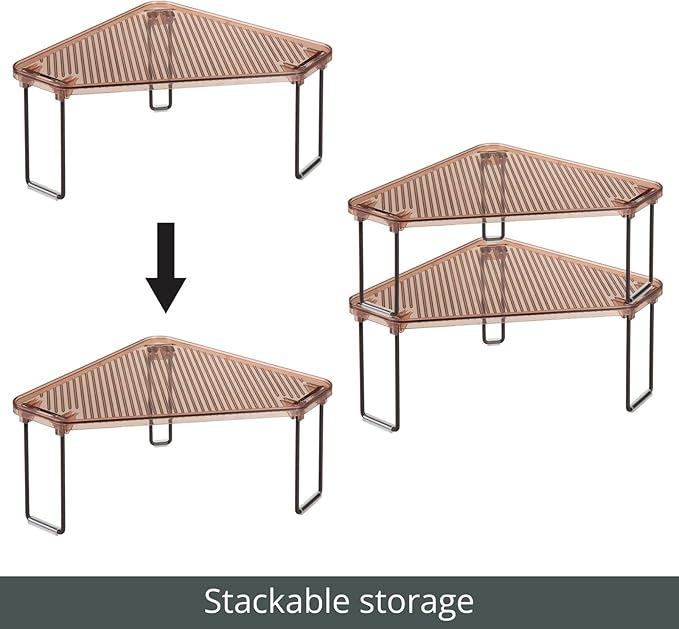 mDesign Plastic/Steel Corner Stackable Rack, Storage Organizer Shelf for Bathroom, Vanity, Countertop, Sink, Cabinet, Holds Makeup, Shower Accessories, Ligne Collection - 2 Pack - Bronze/Amber