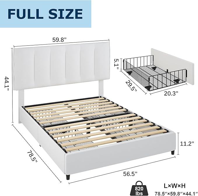VECELO Full Size Bed Frame with 4 Storage Drawers, Adjustable Height Headboard, Heavy-Duty Platform Bedframe with Strong Wooden Slats, No Box Spring Needed, Pure White