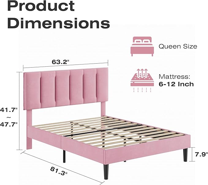 VECELO Queen Bed Frame with Upholstered Headboard, Heavy-Duty Platform Bedframe with Strong Wooden Slats Support, No Boxing Spring Needed, Pink