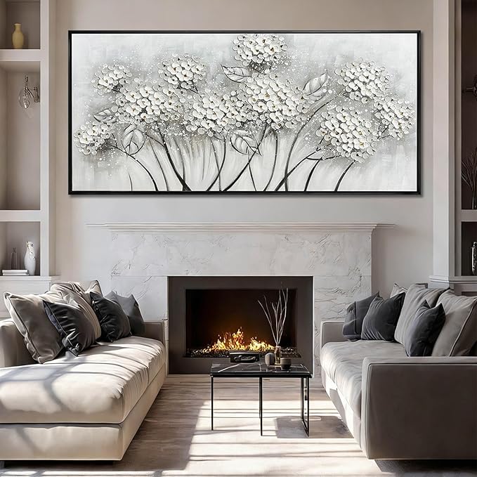 Kureful Grey and White Hand Painted Wall Art Flower Canvas Artwork Contemporary Oil Paintings 40"x86" Decorations for Bedroom Office