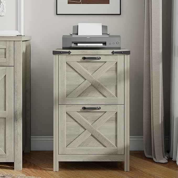 Vabches Vertical File Cabinet with 2 Drawers, Wooden Farmhouse Filing Cabinet for Letter/A4 Size Hanging Files, Under Desk Printer Stand with Storage for Home Office, Grey