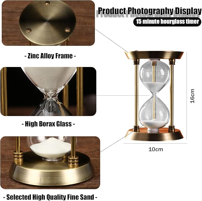 Embossed White Sand Metal Glass Hourglass - 15 Min Timer for Vintage & Office Decor, Kitchen & Wedding Gifts