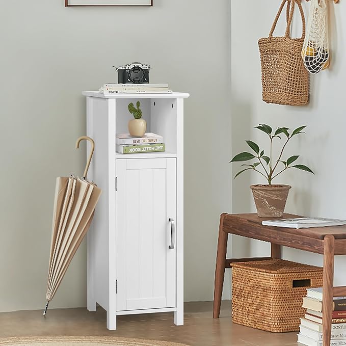 COSTWAY Bathroom Storage Cabinet, Freestanding Narrow Storage Organizer with Open Shelf & Adjustable Shelf, Small Slim Floor Cabinet for Bathroom, Living Room, Entryway, Office, White
