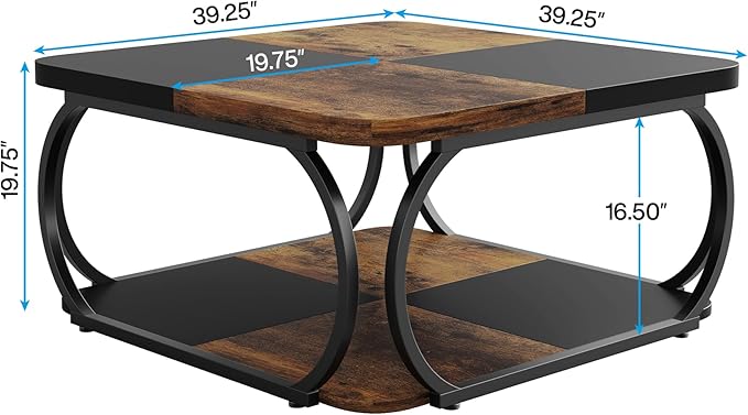 Tribesigns Square Coffee Table with 2 Tiers, 40 inches Low Farmhouse Coffee Table with Wood Storage Shelf Heavy Duty Metal Curved Frame for Modern Living Room, Black Rustic Brown