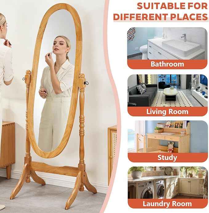 Full Length Mirror with Stand, Swivel Adjustable Oval Wood Cheval Floor Mirror, Dressing Cheval Mirror for Bedroom Livingroom, Interior Gift Idea (Oak)