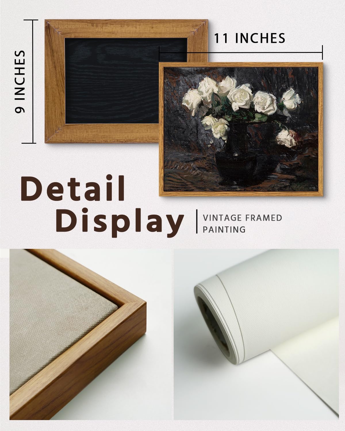 VIYYIEA Framed Canvas Wall Art Home Decor Vintage Botanical Prints White Roses in Vase Rustic Farmhouse Flower Wall Decor Mid Century Pictures Decor Art Prints Floral Room Decor for Living Room 9x11in