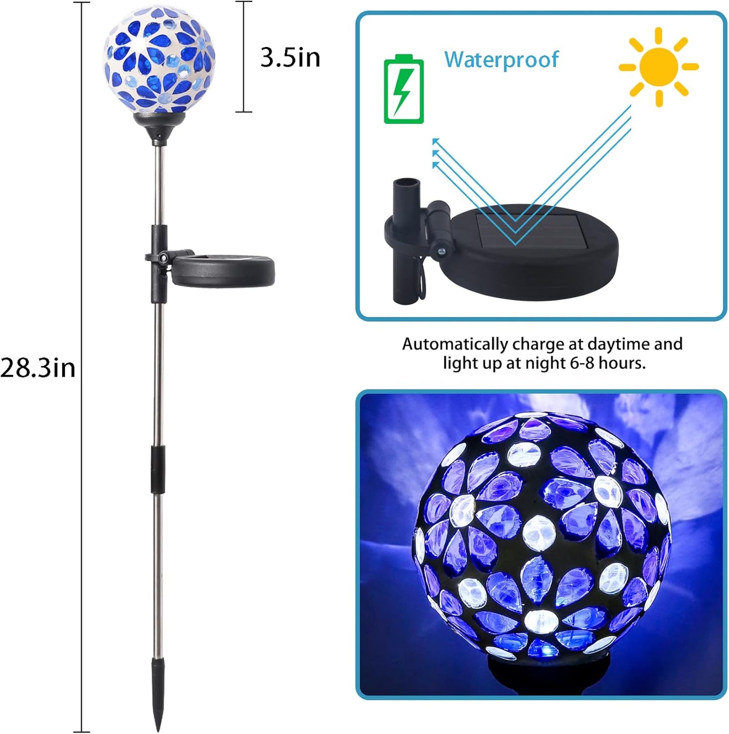 WNP Solar Garden Decorative Stakes Blue Outdoor Waterproof Mosaic Solar Powered Flower Petal Ball Light Colorful Glow for Yard Pathway Great Gift for Mom and Girls