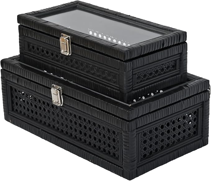 Cane and Rattan Decorative Storage Boxes with Lids - Elegant Set of 2, Stacking Boxes with Glass Top, Handcrafted Rustic Charm for Home Organization (Black, 14.1"x8.2"x5.1")