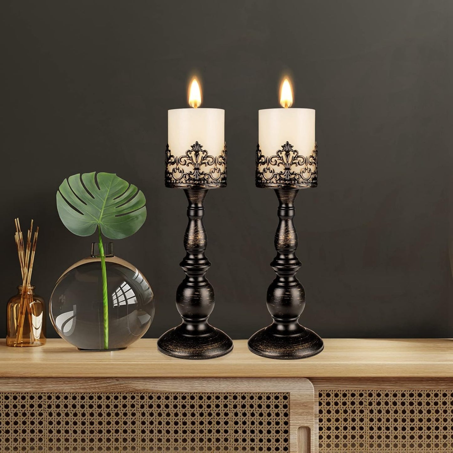 Candle Holders for Pillar Candles Gothic Matte Black Vintage Tall Candle Holders Set of 2 Decorative Large Table Centerpieces Candle Stand Decor (Distressed Black 2PCS A)