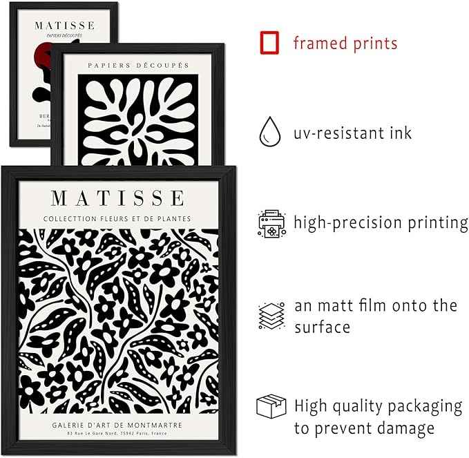 16 PCS Framed Black and White Wall Art Decor, Matisse Abstract Wall Prints for Bedroom, Gallery Wall Frame Set, Minimalist Posters for Living Room Aesthetic, Collage Kit, Dorm Home Artwork