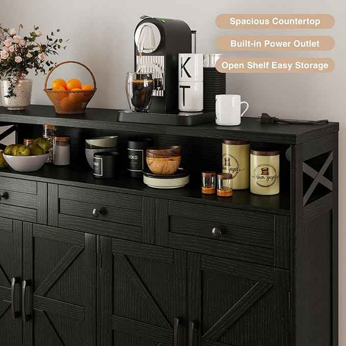 52" L Modern Farmhouse Sideboard Buffet Cabinet, Black Storage Cabinet with Drawers & Shelves, Kitchen Pantry Hutch, Coffee Bar Station Table for Living Room, Dining Room, Entryway