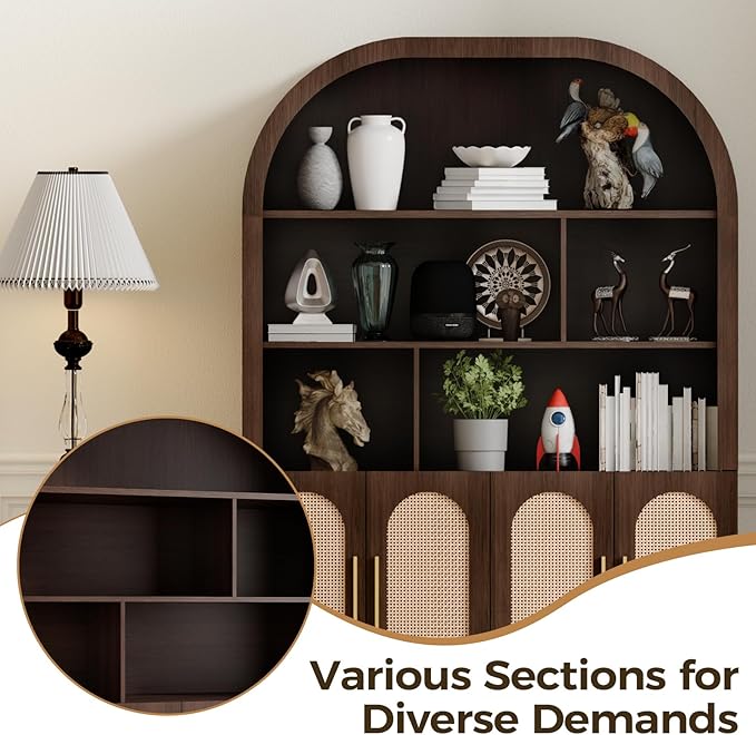 71" Arched Tall Wood Storage Cabinet - 5-Tier Rattan Door Pantry Organizer with Divider Shelf & Gold Handles, Versatile Bookcase for Living Room & Kitchen, Dark Brown