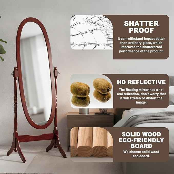 Full Length Mirror with Stand, Vintage Style Wood Floor Cheval Mirror, Traditional Adjustable Free Standing Mirrors Full Length (Cherry)