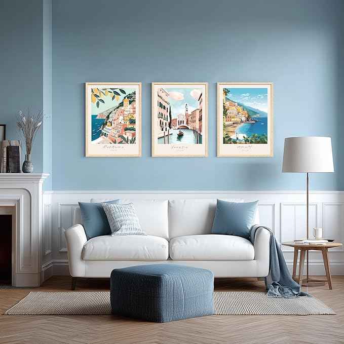 Cyebmo Italy Travel Wall Art, Amalfi Coast Landscape Wall Decor, Blue Venice Coast Canvas Artwork, Italian Modern City Aesthetic Picture for Living Room Bedroom Bathroom Wood Framed 12"x16"x3