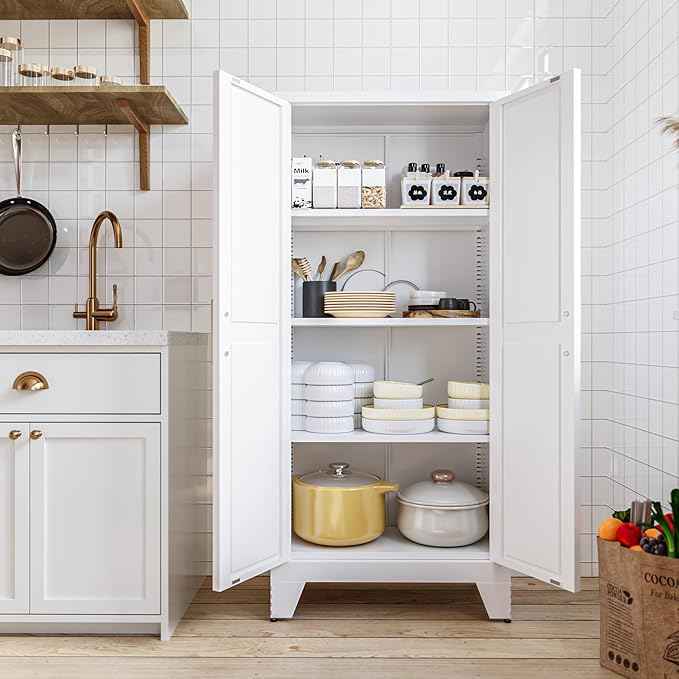 COFaR White Farmhouse Storage Kitchen Pantry Cabinet with 2 Barn Door, 3 Adjustable Shelves and Legs, for Cupboard/Dining Room/Bathroom/Living Room/Office/Laundry Room (White, 61" Farmhouse)