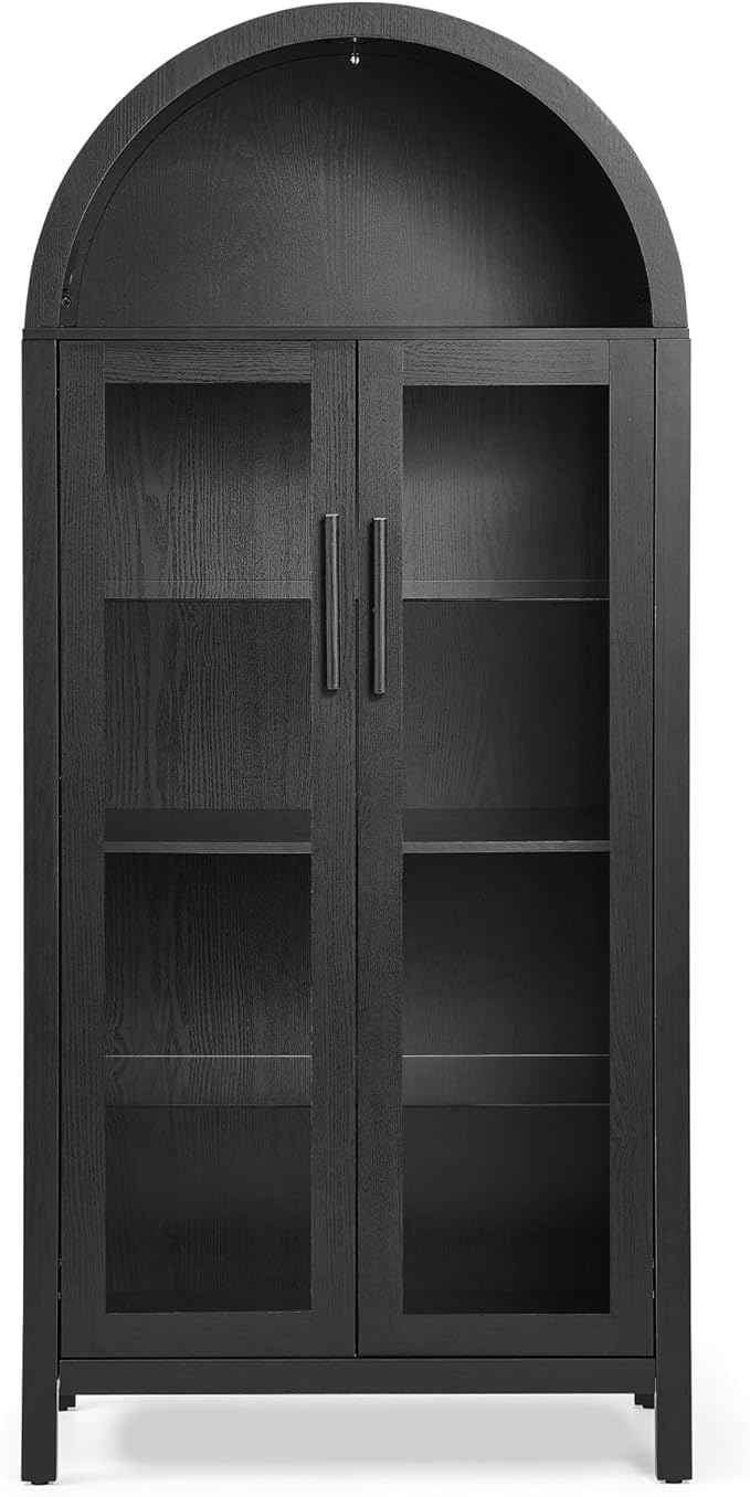 Arched Storage Cabinet with Doors, Display Cabinet with LED Light, 5-Tier Display Cases for Collectibles, Curio Cabinet with Ajustable Shelf for Living Room, Black