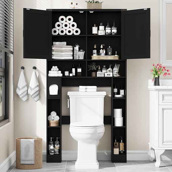 Vabches Over The Toilet Storage Cabinet, Farmhouse Storage Cabinet Over Toilet with 2 Barn Doors ，Toilet Paper Holder Stand，Home Space-Saving Toilet Rack, for Laundry, Restroom, Bathroom.Black.