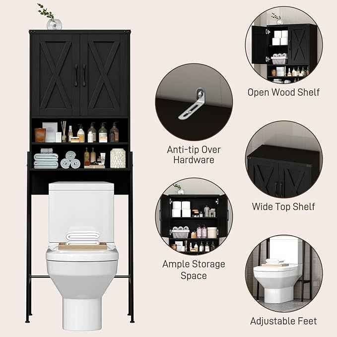 Vabches Over The Toilet Storage Cabinet, Farmhouse Over Toilet Storage Cabinet, Metal Frame with 2 Barn Doors, Home Space-Saving Toilet Rack for Bathroom, Toilet, Laundry Room,Black