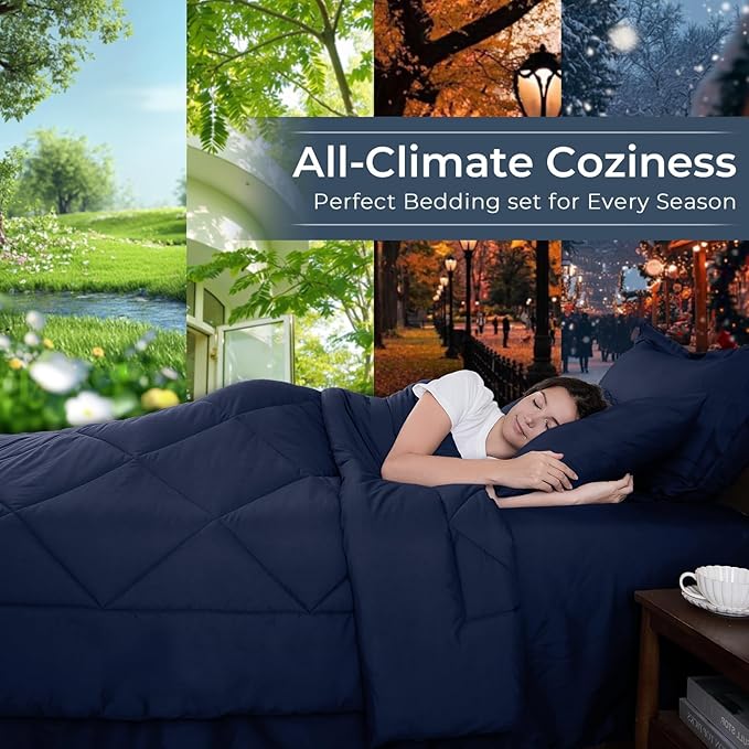 HEVUMYI Navy Blue Twin Comforter Set - 5-Piece All Season Bed in a Bag Twin, Ultra Soft Bedding Set with Comforter, Flat Sheet, Fitted Sheet, Pillowcases, Pillow Shams, Navy Blue