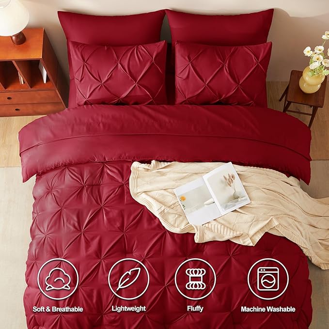CozyLux Full Size Comforter Sets Dark Red, 7 Pieces Pintuck Bed in A Bag Red Comforter Full Size, Pinch Pleat Bedding Sets with All Season Comforter, Sheets, Pillowcases & Shams