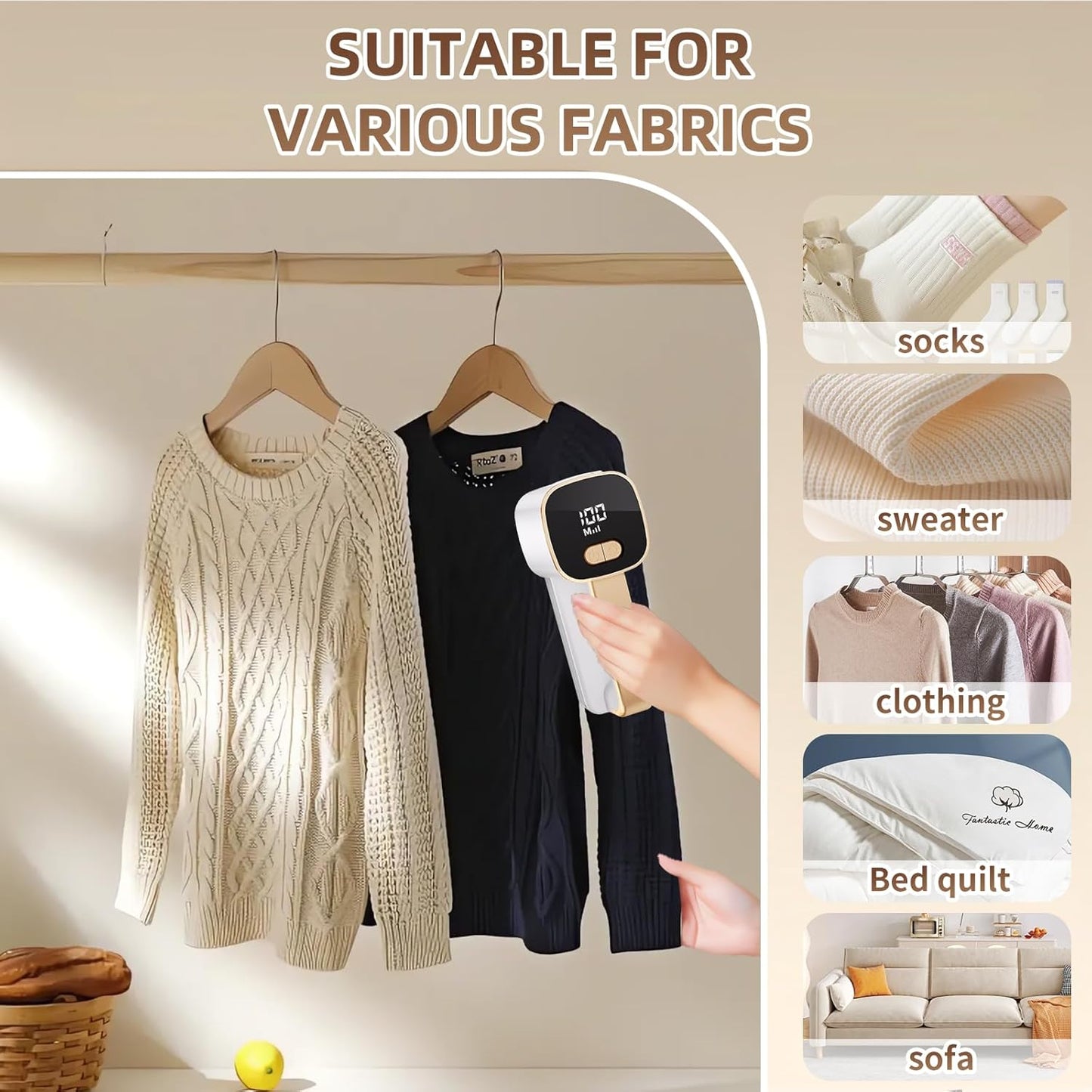 Rechargeable Lint Remover, Fabric Shaver Fuzz Remover, Sweater Shavers with 6-Leaf Blades, 3-Speeds Digital LED Display to Remove Pilling for Clothing and Furniture, Lint Ball, White