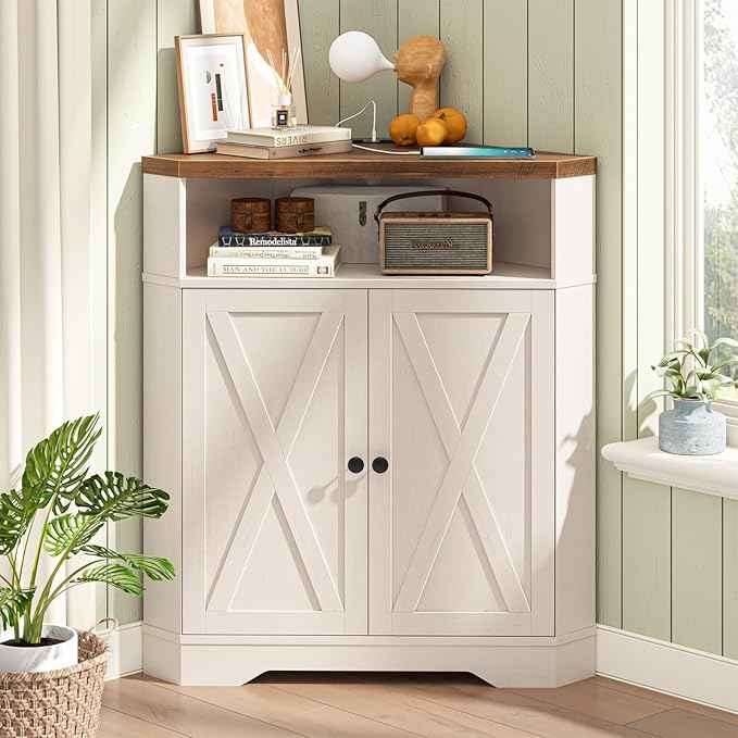Vabches Corner Storage Cabinet, Small Corner Cabinet with USB Ports and Outlets Organizer, Barn Door Design and Adjustable Shelf, Living Room, Kitchen, Bathroom（White