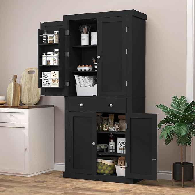 Iwell 72” Kitchen Pantry Cabinet, Tall Storage Cabinet with 6 Hanging Shelves and Adjustable Shelves, Freestanding Cupboard with 4 Doors and 1 Drawer for Kitchen, Dining Room,Living Room, Black