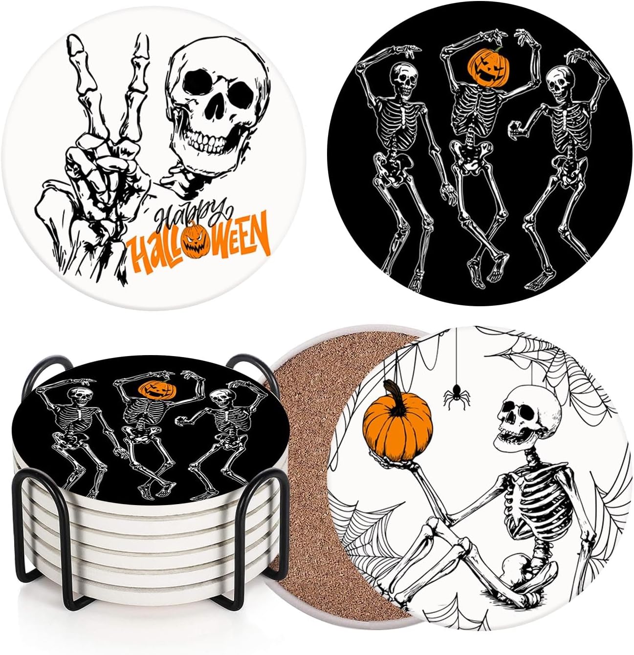 Coaster for Drinks Set of 6, Happy Fall Absorbent Round Ceramic Stone Mat, with Cork Base and Metal Holder