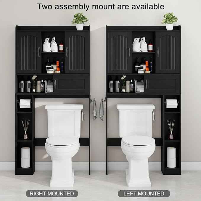 Vabches Farmhouse Over The Toilet Storage Cabinet with 2 Barn Doors & Sliding Door, Over The Toilet Bathroom Organizer with Open Storage Layer and Adjustable Shelves & Hooks.Black
