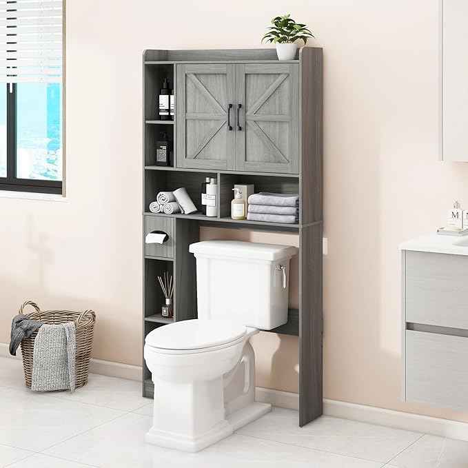 Vabches Over The Toilet Storage Cabinet, Farmhouse Style with 2 Barn Doors, Toilet Paper Holder, Space-Saving for Bathroom & Laundry, Gray