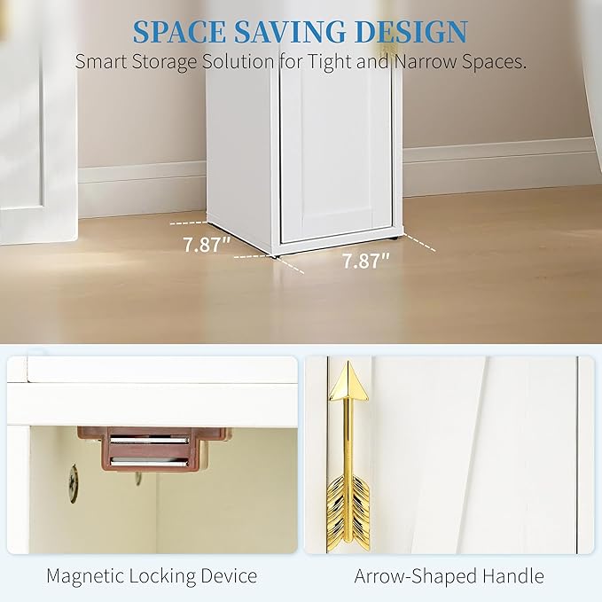 VECELO Narrow Bathroom Storage Cabinet, 67" Tall Cabinet Organizer with Toilet Paper Holder, Anti-Tip Device, 3 Adjustable Shelves, Drawer & Magnetic Door for Small Spaces, White