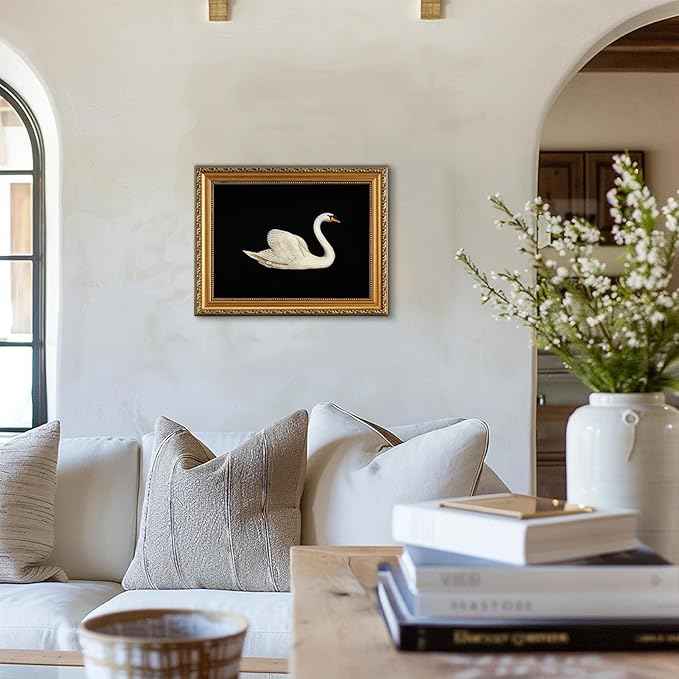 uniro Vintage Gold Framed Wall Art for Home Decor, Retro Swan Decor Animal Oil Painting Bathroom Wall Decor, Classic White Swan Vintage Art Prints, Minimalist Swan Aesthetic Picture for Nursery Bedroom Bathroom Office Desktop decor- 12x16Inch