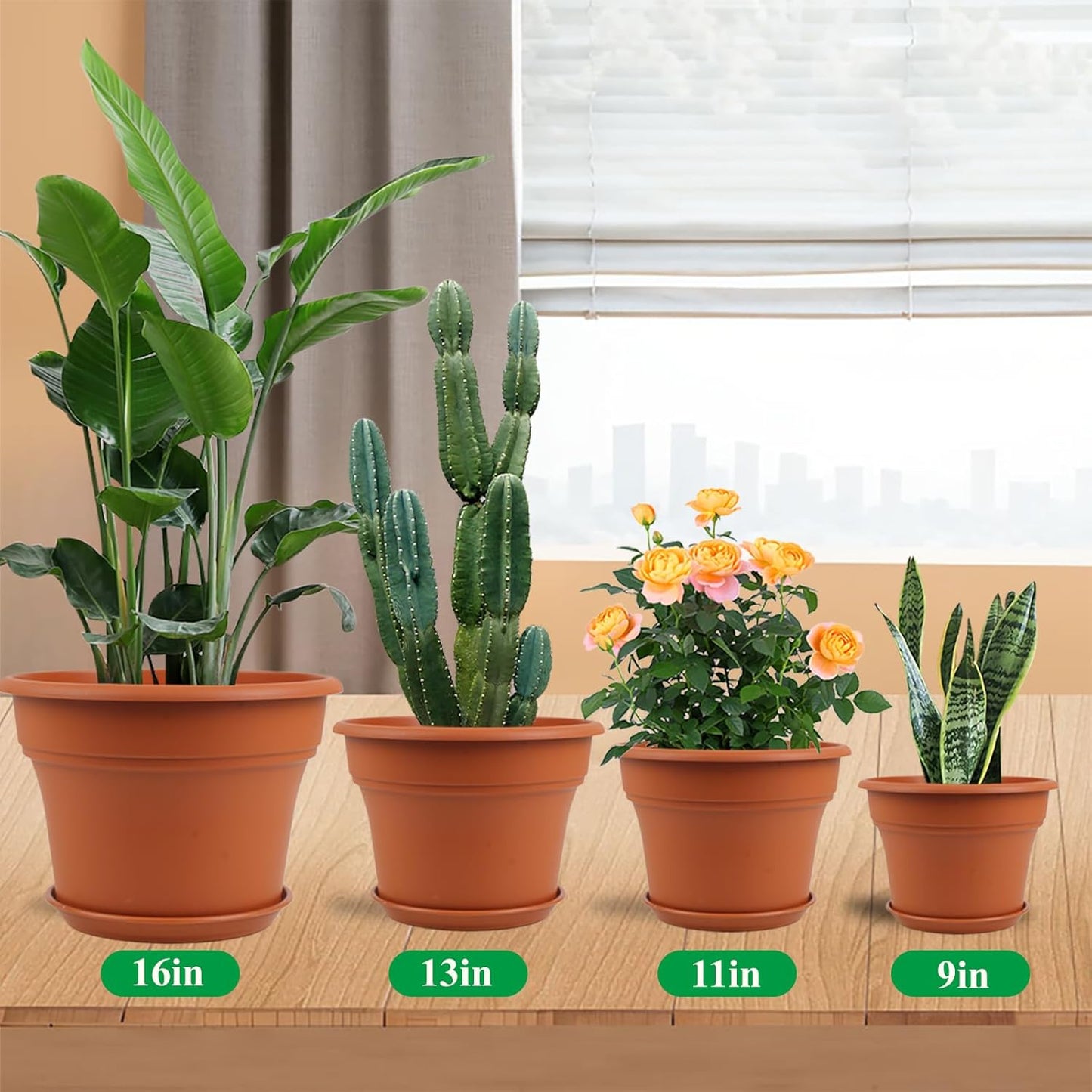 11 Inch Plastic-Flower-Pot-for-Indoor-Plants, 4 Pack Large Outdoor Planter Pot with Drainage Holes & Saucers, Resin Decorative Garden Pots Planters