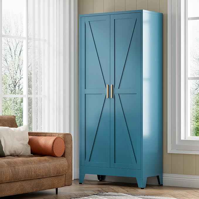 COFaR Home Farmhouse Storage Cabinet with Barn Door, Tall Kitchen Pantry Cupboard with Adjustable Shelves, for Dining Room, Bathroom, Living Room Blue.