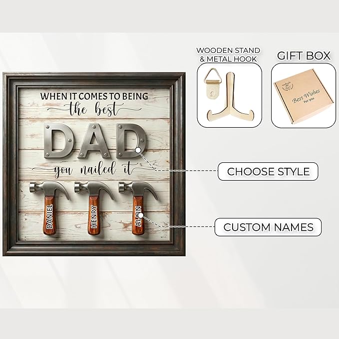 Personalized Fathers Day Dad Gifts from Daughters Sons, Best Dad You Nailed It Sign Custom Father's Day Plaque, Daddy Birthday Gift for Dads, Stepdad, Grandpas, Family Keepsake with Kids Names