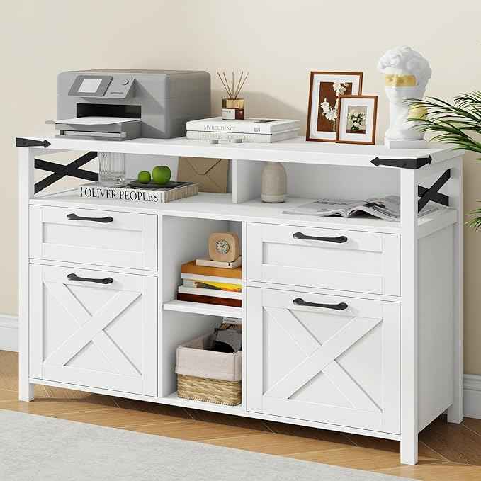 Farmhouse Filing Cabinet with Adjustable Shelf for Home Office, Lateral File Cabinets 4 Drawers with Open Storage Shelf, Filing Organization Storage Cabinets for Hanging Files Letter/A4.(White)