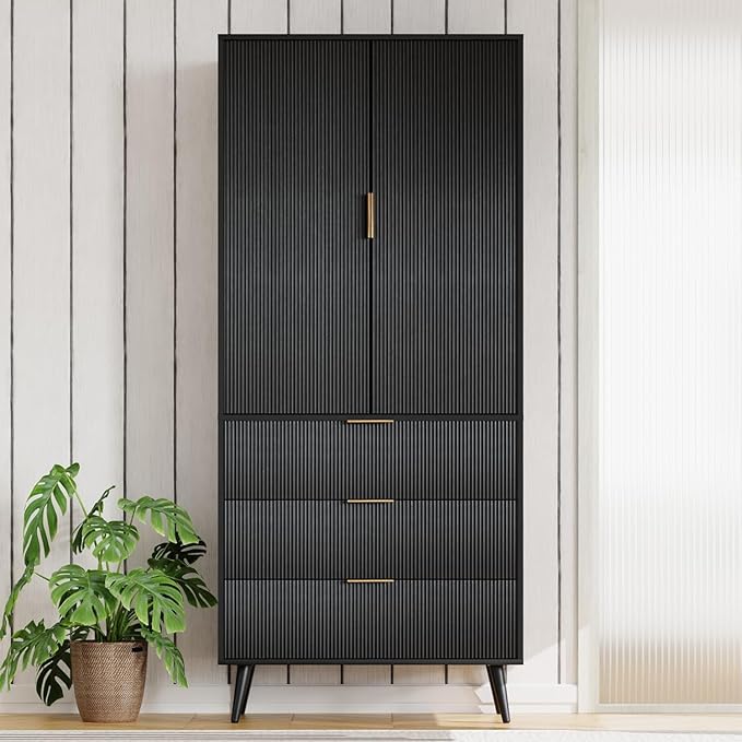 Tall Storage Cabinet, Kitchen Pantry Cabinet with Adjustable Shelves & Fluted Panel Design, Wood Cupboard with 3 Drawers 2 Doors, Tall Home Cupboard for Living Room, Kitchen, Black